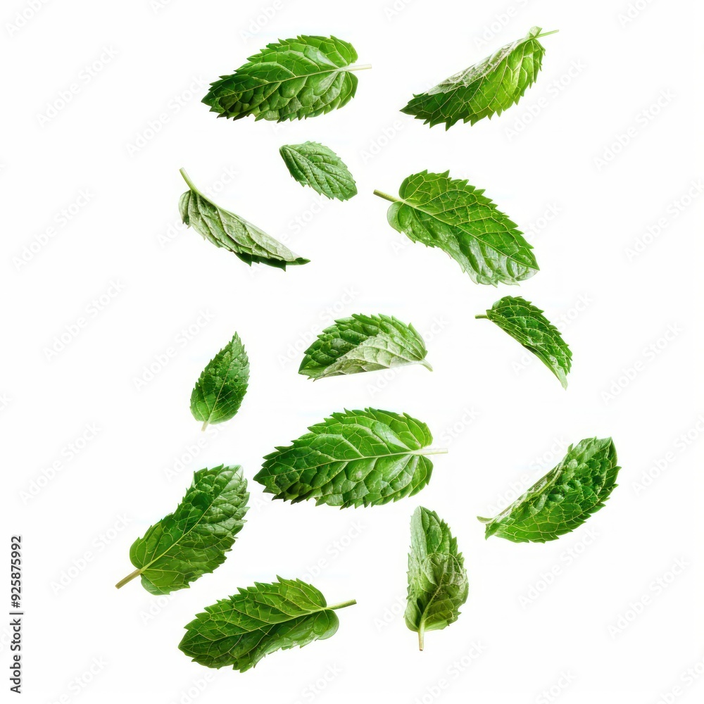 Falling mint leaves, spearmint, isolated on white background, full depth of field Falling mint leaves, spearmint, isolated on white background, full depth of field