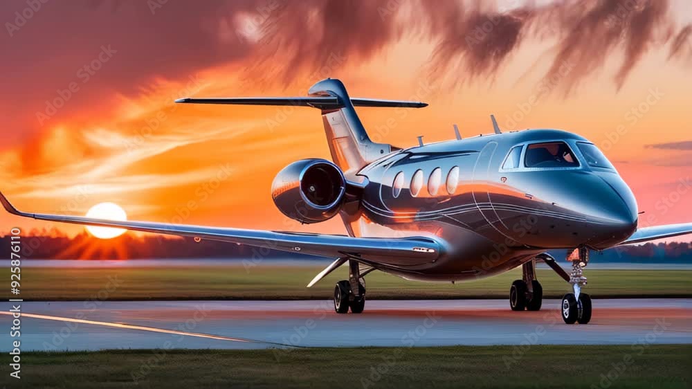 private jet is parked on a runway, set against a vibrant sunset with shades of orange, pink, and purple. Luxury travel and vacation concept private jet is parked on a runway, set against a vibrant sunset with shades of orange, pink, and purple. Luxury travel and vacation concept