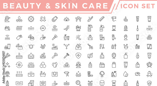 Skin care icon set. Wellness and body spa anti-aging, pore tightening, cosmetology, spa treatments, massage, hyaluronic acid, serum,  line icon collection. Cosmetics services and Spa line icons vector
