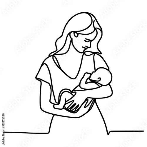 one line continuous drawing woman hold her baby vector illustration template design