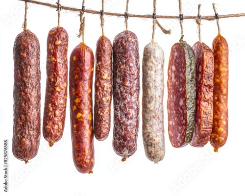 Hanging Salami. Delicious Assorted Cooked Sausages on White Background