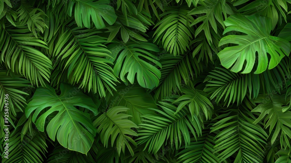 A lush green background featuring a dense arrangement of tropical leaves, perfect for nature-themed projects and designs. A lush green background featuring a dense arrangement of tropical leaves, perfect for nature-themed projects and designs.