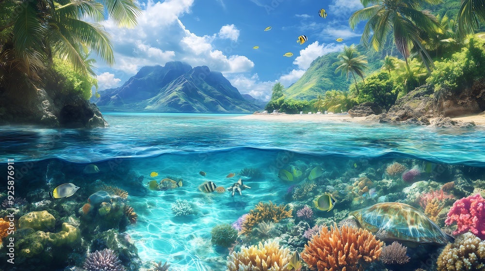 Naklejka premium A tropical island paradise with a vibrant coral reef visible beneath the clear, shallow waters.