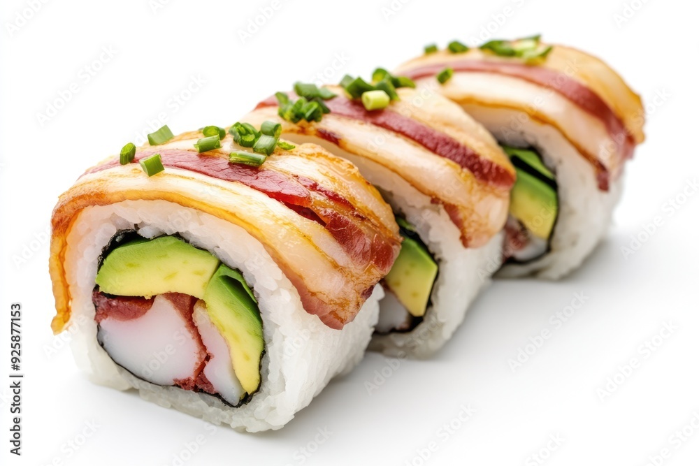 Bacon Sushi. A Culinary Fusion of Asian and Deli Cuisine with Avocado Detail Bacon Sushi. A Culinary Fusion of Asian and Deli Cuisine with Avocado Detail