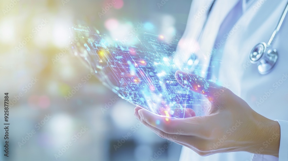Doctor Holding Holographic Medical Data - Healthcare Technology Doctor Holding Holographic Medical Data - Healthcare Technology