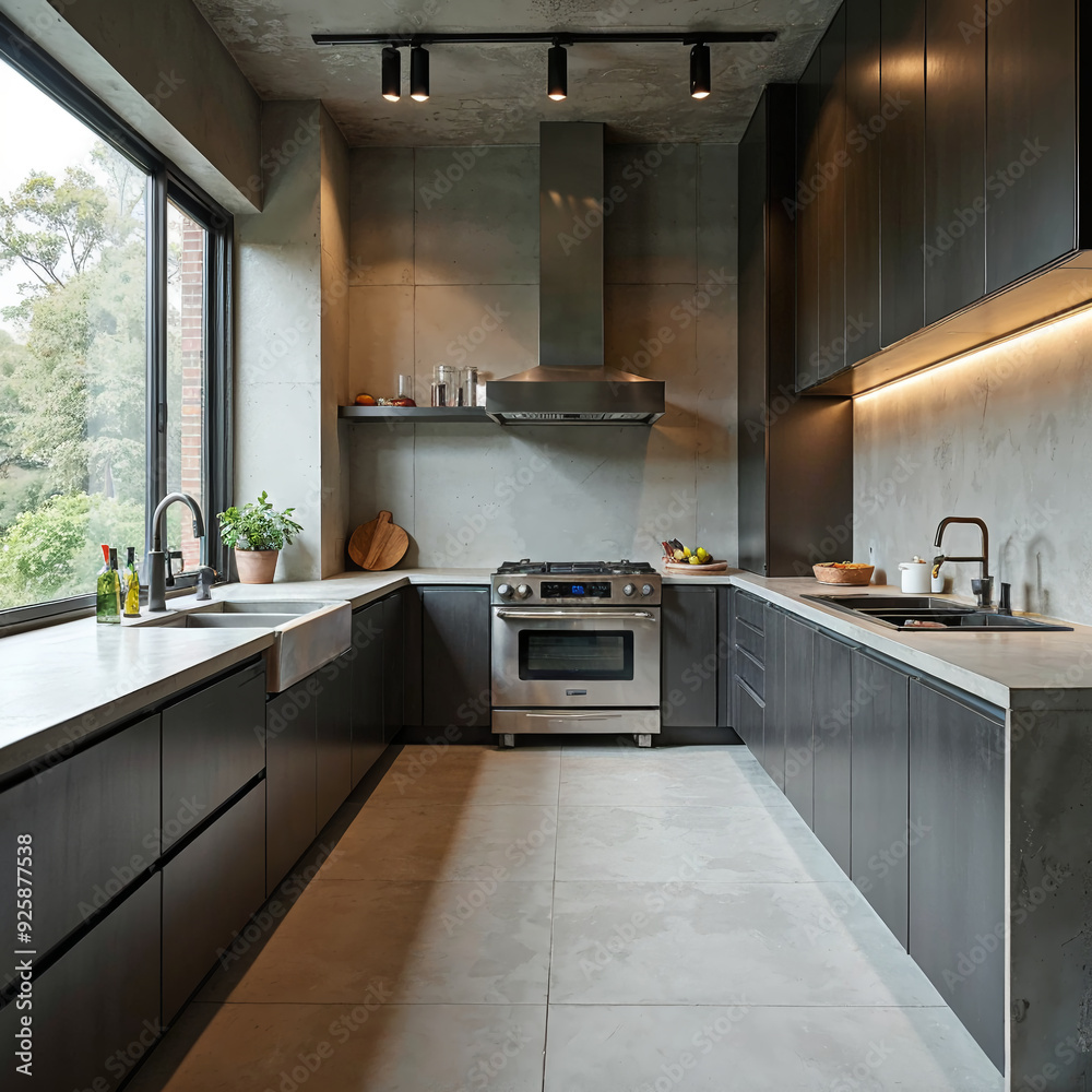 Fototapeta premium Contemporary kitchen with dark cabinetry and large windows for a sleek design