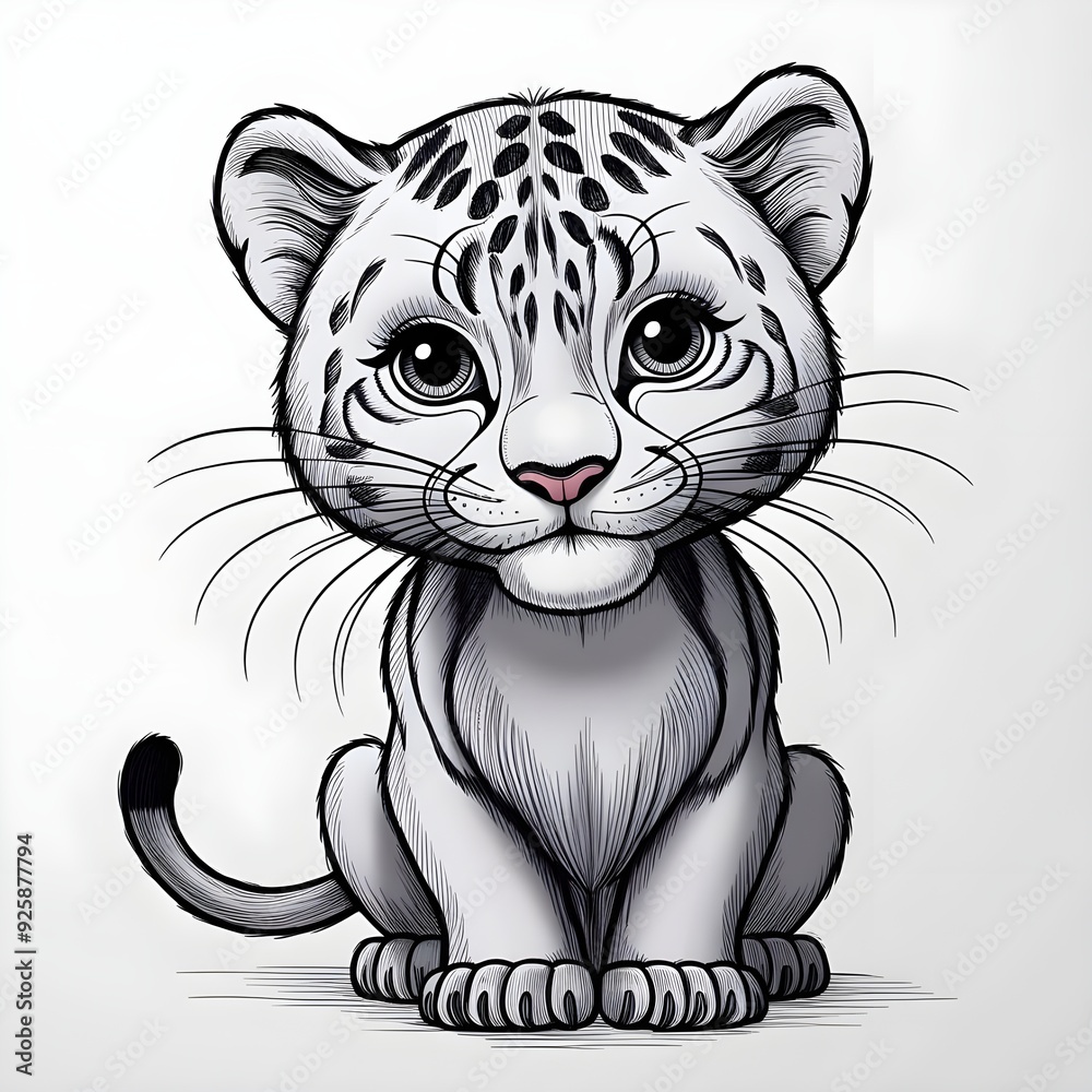 only black line drawing cute Panther animal full body coloring page only white background
