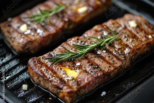 Garlic Butter Steak. Delicious Beef Steak with Rosemary and Sea Salt on a Grill Pan