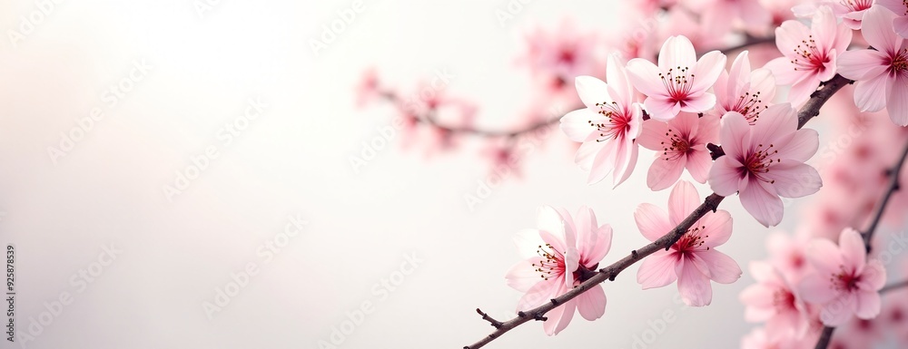 Cherry Blossoms Delicately Blooming on Branch Against Soft Background with Copy Space Cherry Blossoms Delicately Blooming on Branch Against Soft Background with Copy Space