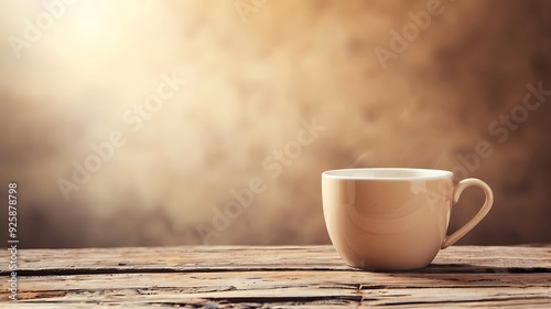 Isolated coffee cup on a wooden table. Cozy and inviting.