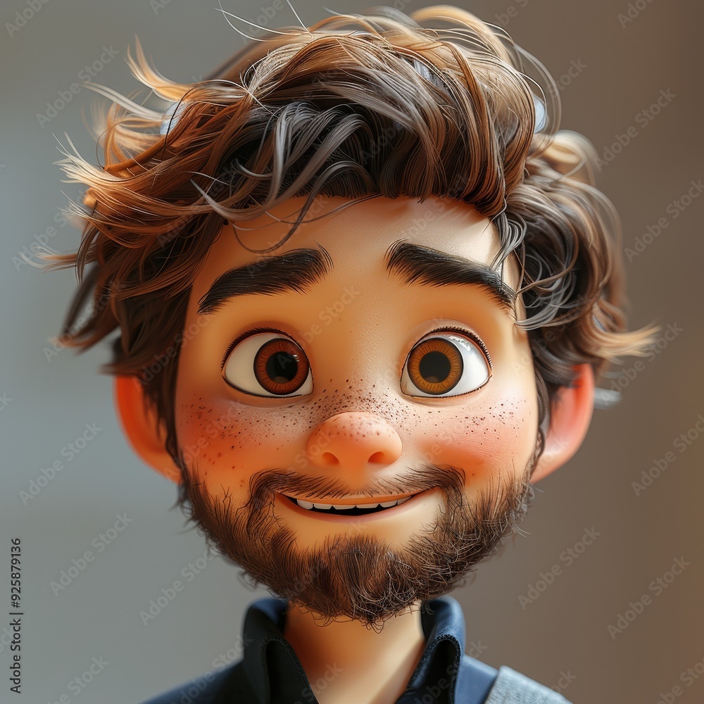 3D animated character with tousled hair, beard, and large expressive eyes. 3D animated character with tousled hair, beard, and large expressive eyes.