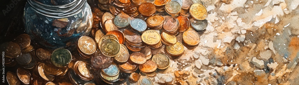 Coins scattered in a treasure hunter s camp, discovered wealth, watercolor style Coins scattered in a treasure hunter s camp, discovered wealth, watercolor style