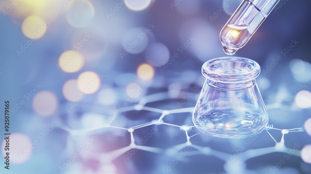Dropper Adding Liquid to Beaker on Blue Background Dropper Adding Liquid to Beaker on Blue Background