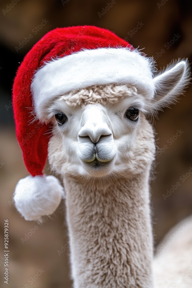 Obraz premium Christmas Alpaca in Andes: Festive White Alpaca with Santa Claus Hat, Symbol of Bolivia and Peru