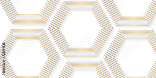 Abstract minimal geometric white and gold light background design. Vector illustration of hexagons pattern. luxury white pattern geometric mesh cell texture. Modern pattern elegant gold line template