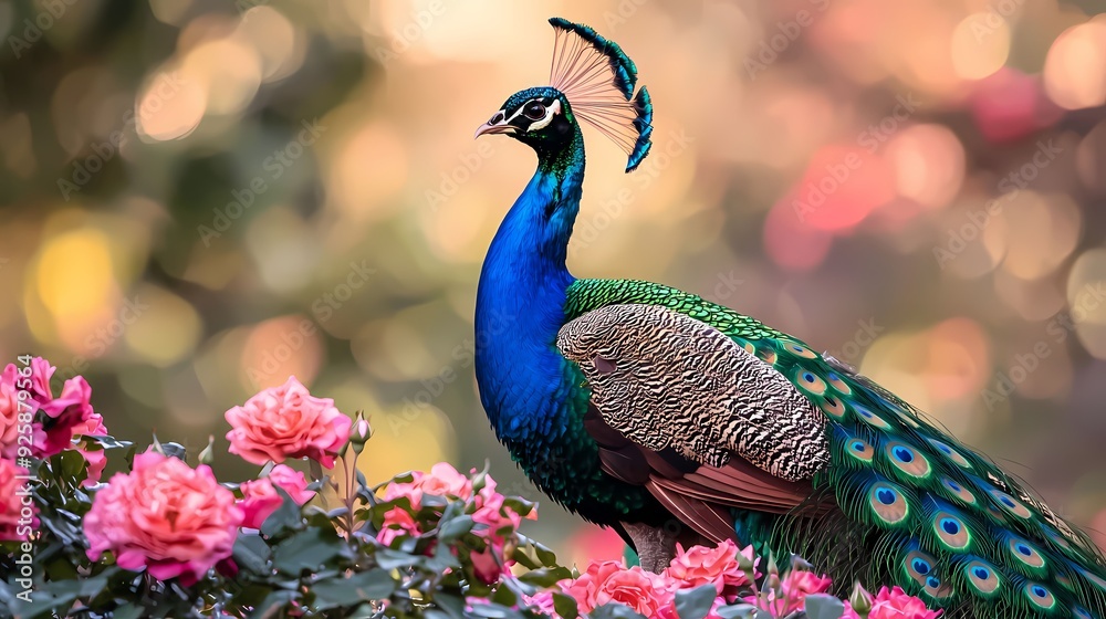A stunning peacock displaying its vibrant feathers amidst blooming roses, showcasing nature's beauty and color. A stunning peacock displaying its vibrant feathers amidst blooming roses, showcasing nature's beauty and color.