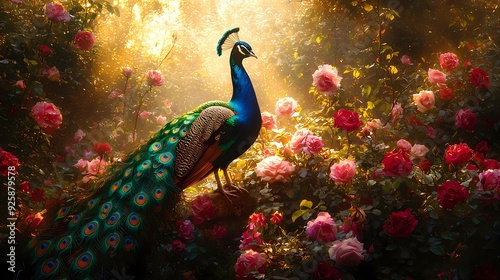 A stunning peacock amidst vibrant roses, illuminated by soft sunlight in a magical garden setting.
