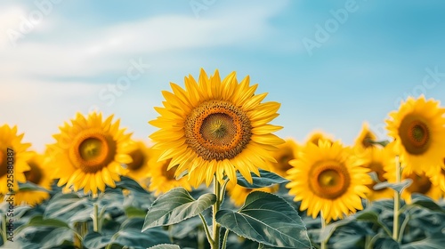 A vibrant sunflower standing tall against a bright sky, surrounded by a field of blooming sunflowers.