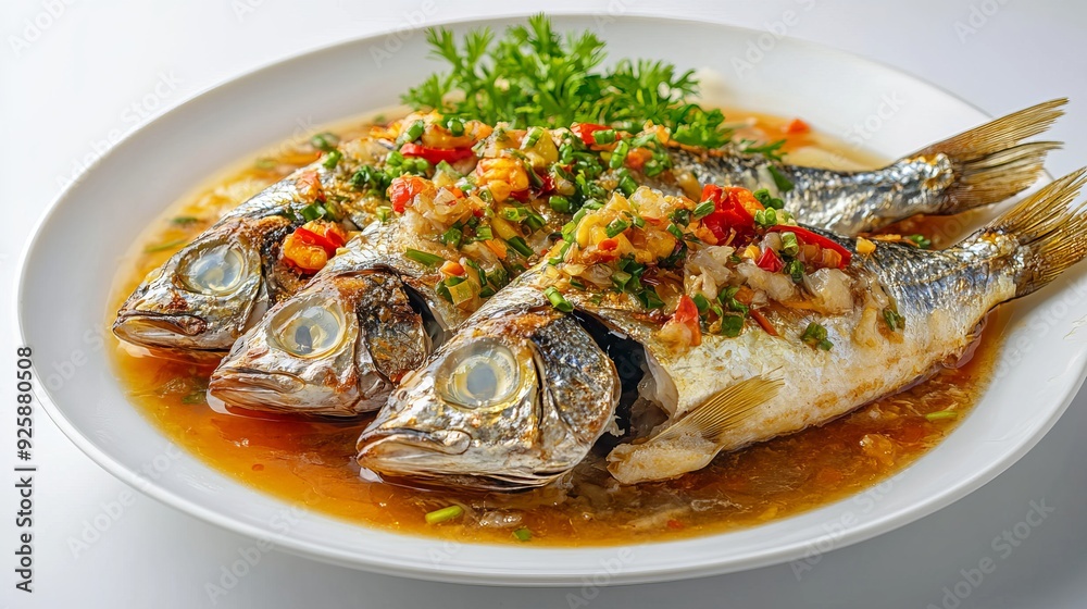 Steamed fish with herbs and sauce served on a white plate Steamed fish with herbs and sauce served on a white plate