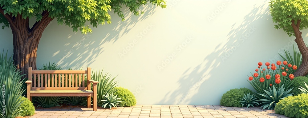Obraz premium Serene garden bench with vibrant foliage against sun-dappled wall with copy space