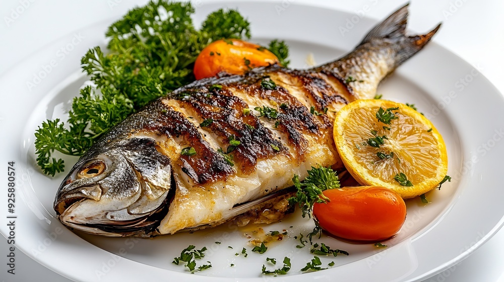 Grilled fish served with fresh vegetables and herbs on a white plate Grilled fish served with fresh vegetables and herbs on a white plate