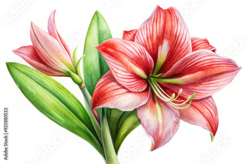 Watercolor Painting of Red Amaryllis Flower.