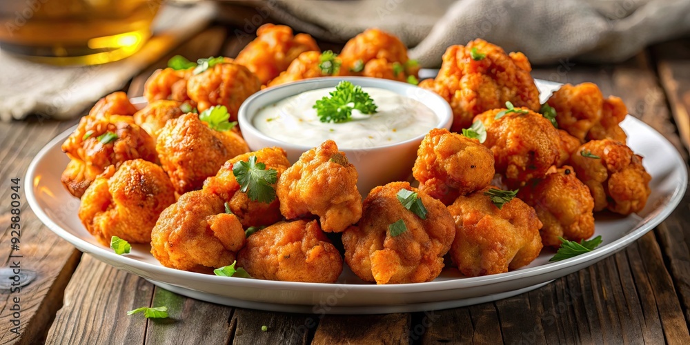 Close-up of crispy cauliflower buffalo wings served with creamy ranch dressing, vegan, plant-based, appetizer, spicy Close-up of crispy cauliflower buffalo wings served with creamy ranch dressing, vegan, plant-based, appetizer, spicy