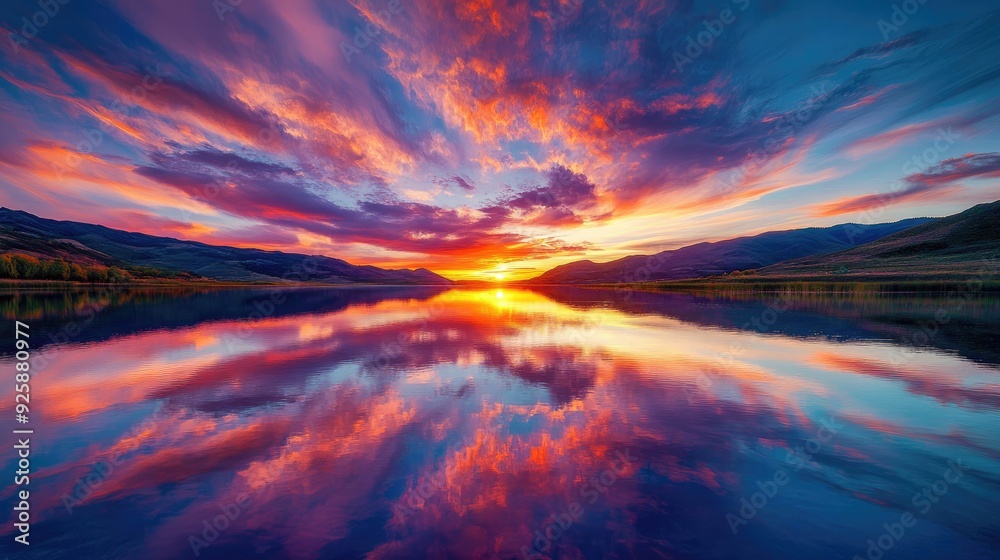 A picturesque sunset over a calm lake, with the vibrant colors of the sky mirrored in the still waters, creating a perfect moment of peace and reflection. A picturesque sunset over a calm lake, with the vibrant colors of the sky mirrored in the still waters, creating a perfect moment of peace and reflection.