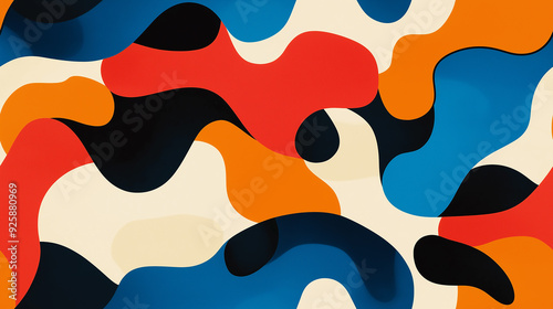 Abstract fluid pattern with bold, flowing organic shapes in red, orange, blue, and black. The seamless design is dynamic and eye-catching, evoking energy and movement.