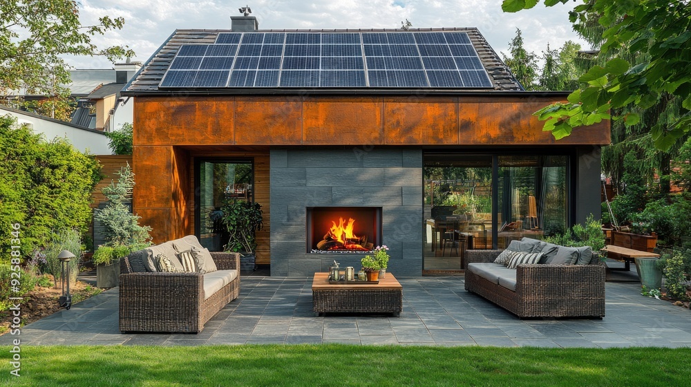 Naklejka premium Luxury Outdoor Fireplace. Cozy Home Patio with Solar Panel Energy and Garden Fireplace