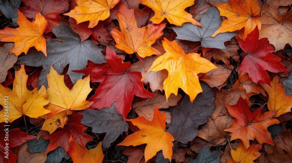 Colorful autumn leaves in various shades of red, orange, and yellow creating a vibrant natural carpet on the ground. Colorful autumn leaves in various shades of red, orange, and yellow creating a vibrant natural carpet on the ground.