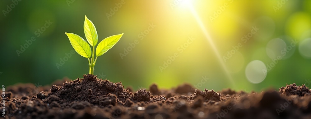 Fototapeta premium Young plant sprout growing vibrantly in sunlit soil against blurred green background