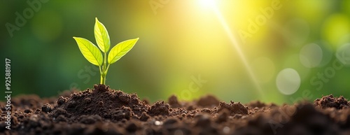 Young plant sprout growing vibrantly in sunlit soil against blurred green background