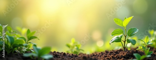 Young Plant Sprouting with Vibrant Leaves against Sunlit Blurred Background with Copy Space