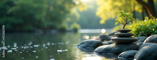 Zen stones and bonsai tree tranquilly balanced by serene lake against misty forest background