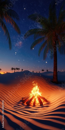 Desert Bonfire. Solitude and Fire Under the Night Sky in Sahara Dunes
