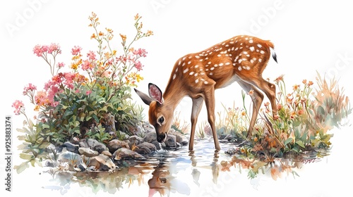 A serene illustration of a fawn drinking water among vibrant flowers and rocks, capturing the beauty of nature. photo