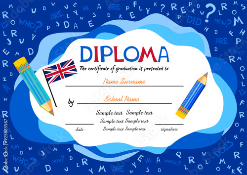 Certificate template for english award with alphabets in background. Preschool Kids Diploma certificate background design template. Certificate of kids diploma. Vector illustration