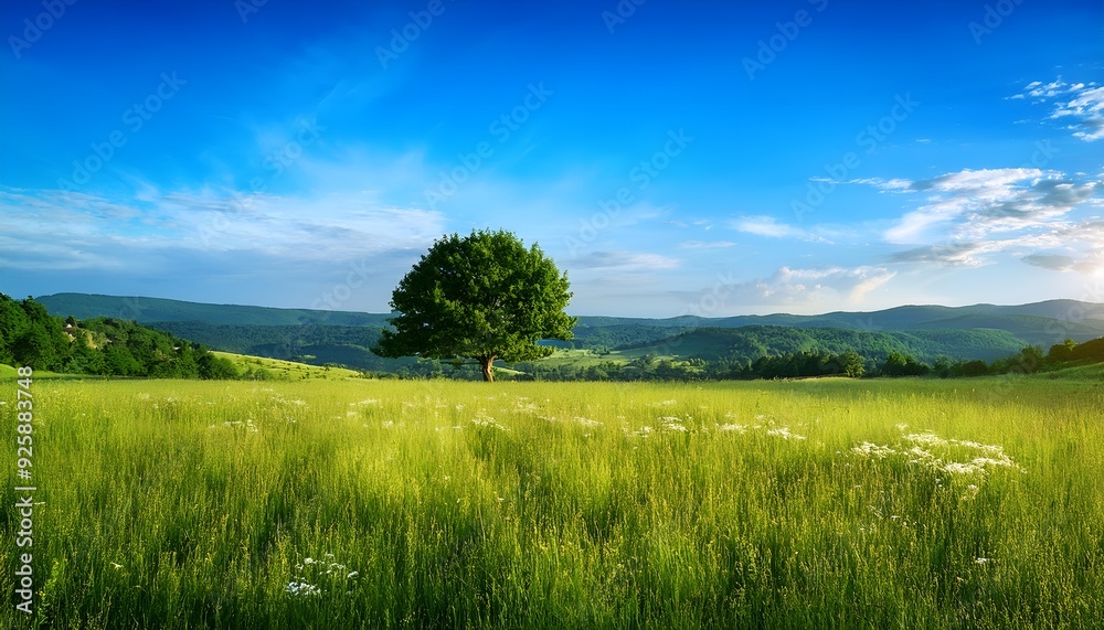 Green meadow with green tree with blue sky. Green meadow with green tree with blue sky.