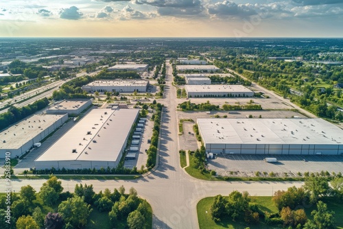 An aerial view of a modern industrial zone showcasing large warehouses and a broad central lot surrounded by vibrant greenery and trees