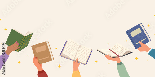 Template book in hands, Concept of reading and literature. Education and knowledge vector concept. Banner hands holding books, library day.