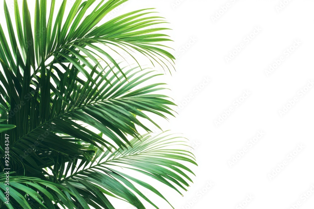 Vibrant palm leaves arranged in a corner layout with a bright background