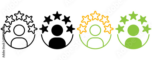 Customer feedback icon with five star satisfaction rating. Set of customer experience flat vector icons of different styles and colors