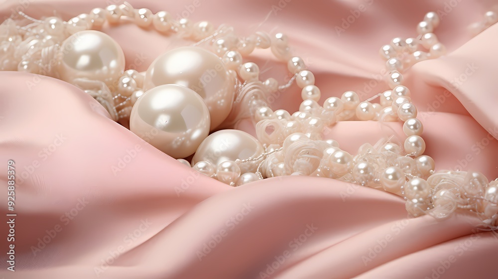 Elegant pearls nestled in soft pink fabric, showcasing luxury and timeless beauty. Elegant pearls nestled in soft pink fabric, showcasing luxury and timeless beauty.