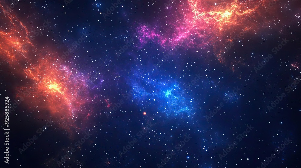 Naklejka premium A stunning cosmic scene featuring vibrant nebulae in hues of blue, purple, and pink, set against a backdrop of starry darkness.