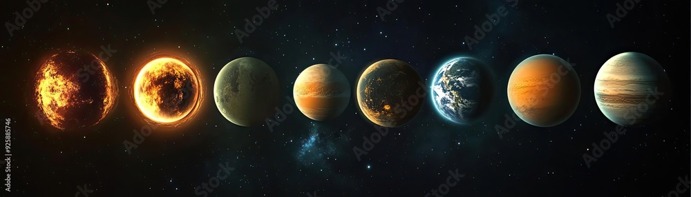 Fototapeta premium Stunning visualization of the solar system's planets showcasing their unique colors and textures in a cosmic setting.