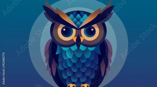 Colorful abstract owl illustration with vibrant blue feathers and bold eyes, perfect for vibrant modern artwork or decorative designs. photo