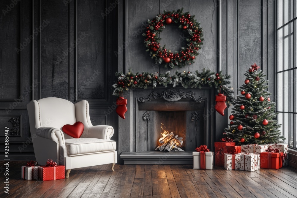 Fototapeta premium christmas tree with fireplace in cozy living room 
