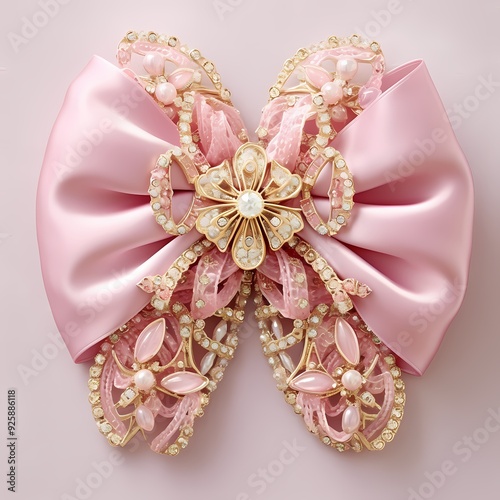 An exquisite pink bow with gold and crystal embellishments, perfect for adding a touch of luxury.