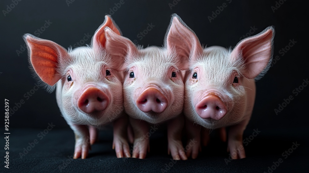 Three cute pigs standing together on a dark background Three cute pigs standing together on a dark background